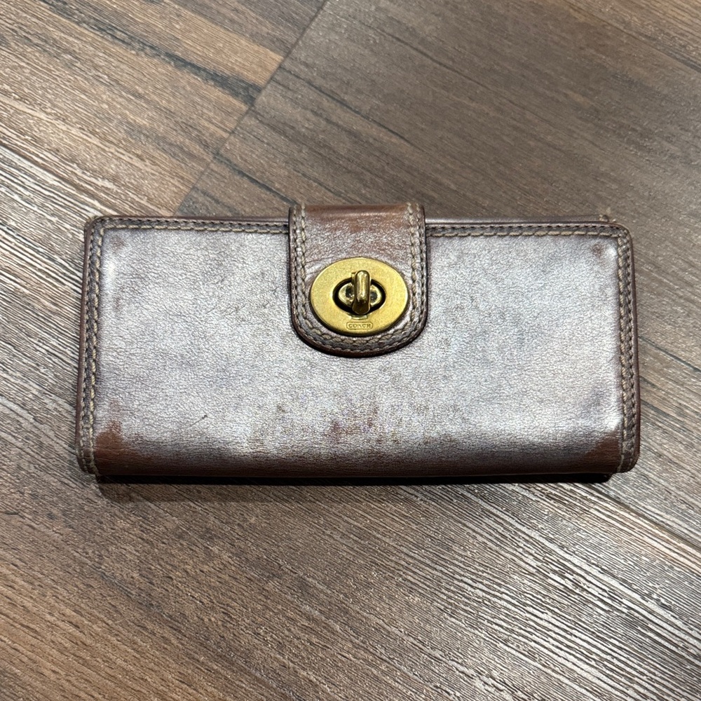 Coach Metalic Brown Leather Turnlock Clutch Wallet